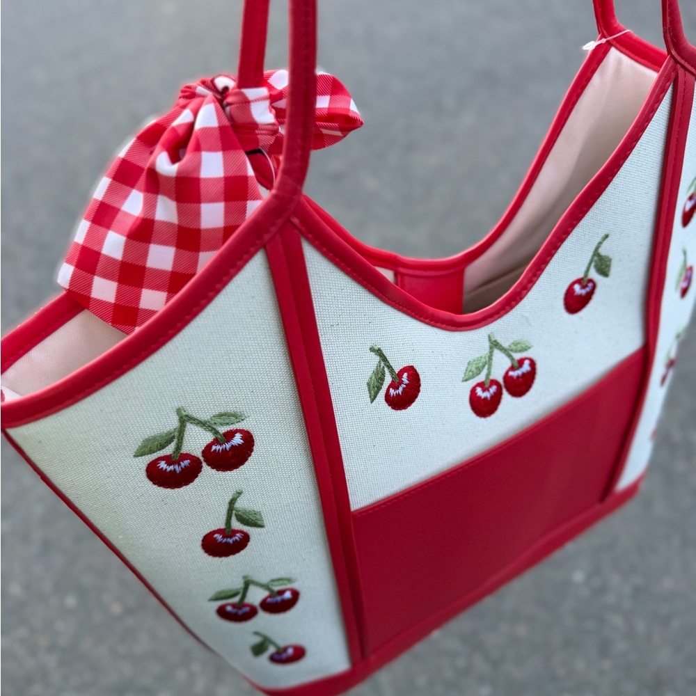 Steve Madden Cherry Red Gingham Scarf Bow Cream denim Tote Bag satchel Purse - Picture 9 of 9